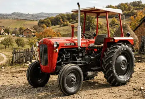 IMT 539 traktor u seoskom ambijentu sa novim zadnjim gumama 11.2-28 Ozka