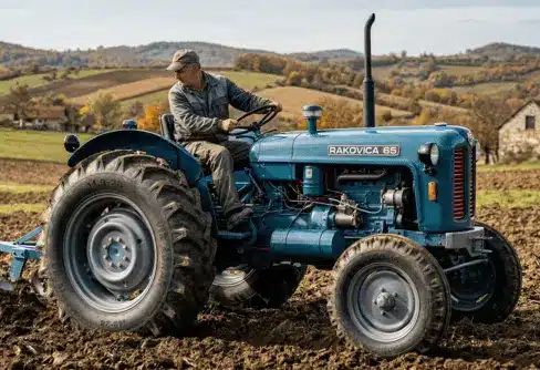 Plava Rakovica 65 traktor u teškom oranju sa montiranim zadnjim gumama 14.9-28