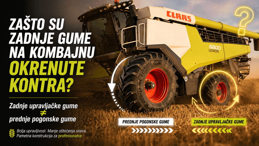 zadnja guma na kombajnu okrenuta u kontra smeru