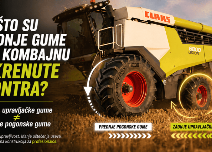 zadnja guma na kombajnu okrenuta u kontra smeru